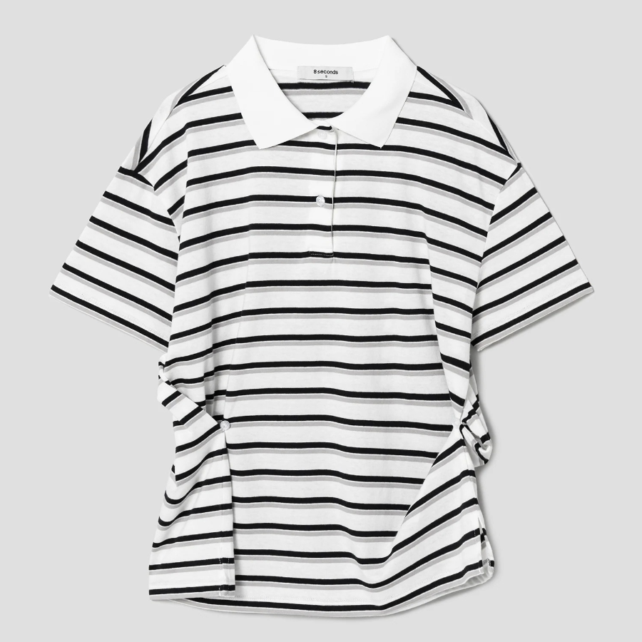 8 seconds Stripe Shirred Side Piqué T-shirt — White