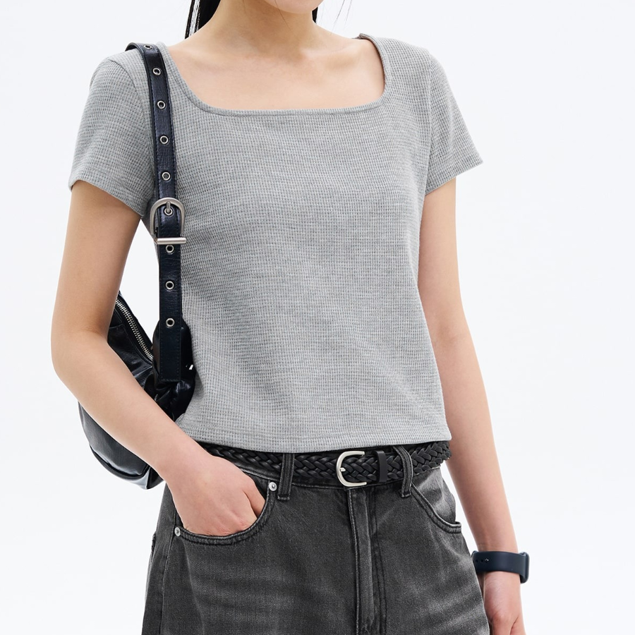 8 seconds Waffle Solid Square Neck T-shirt — Grey