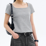 8 seconds Waffle Solid Square Neck T-shirt — Grey