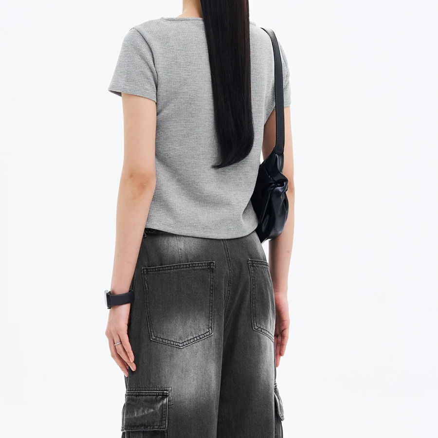 8 seconds Waffle Solid Square Neck T-shirt — Grey