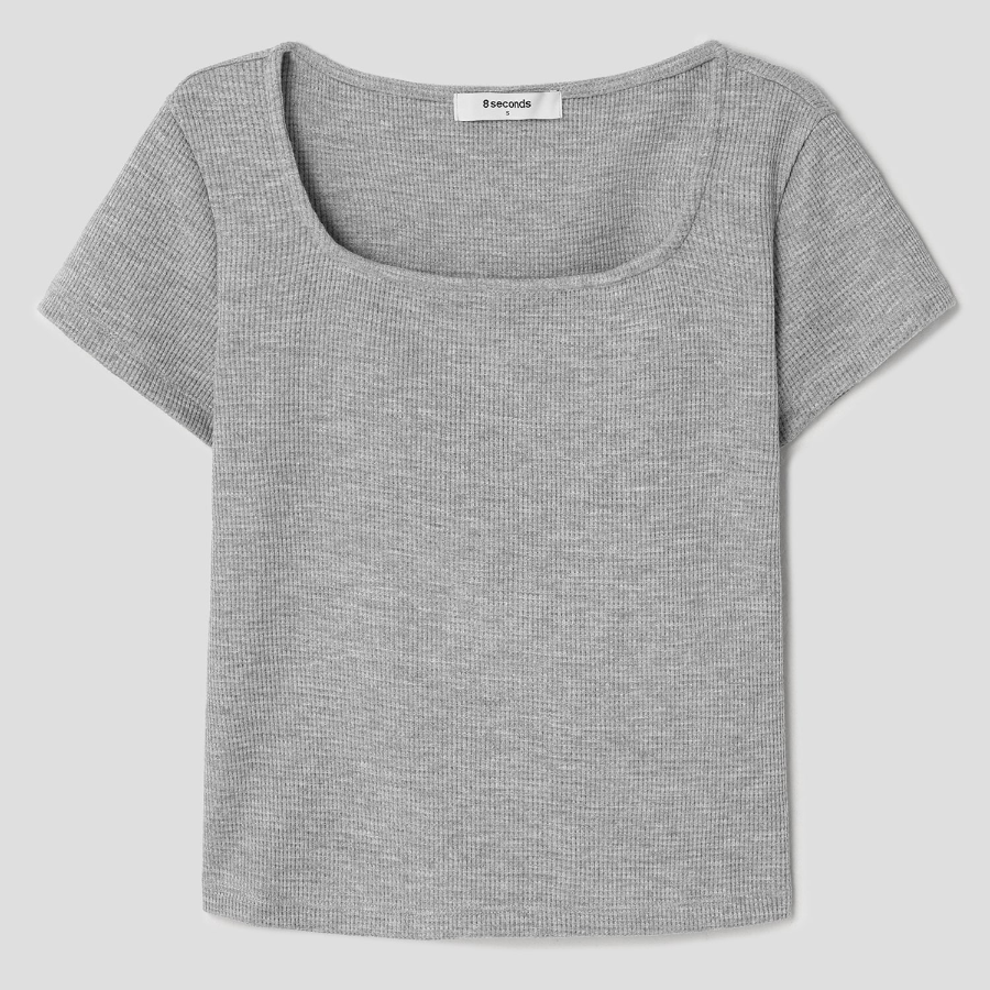 8 seconds Waffle Solid Square Neck T-shirt — Grey