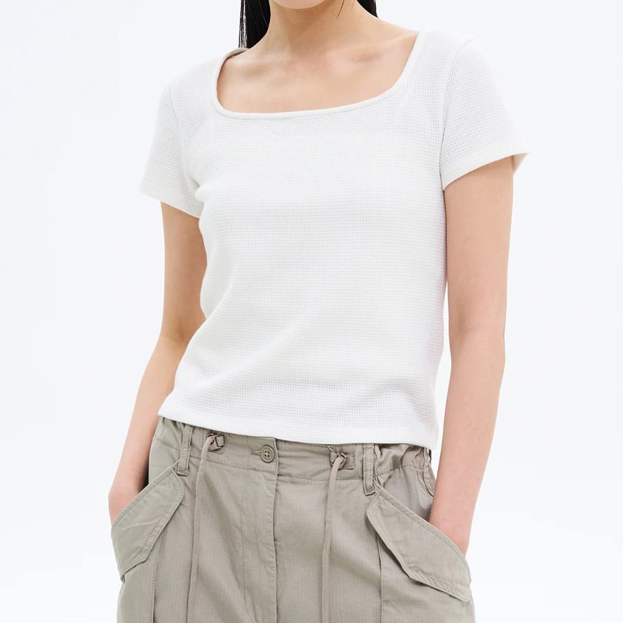 8 seconds Waffle Solid Square Neck T-shirt — Ivory