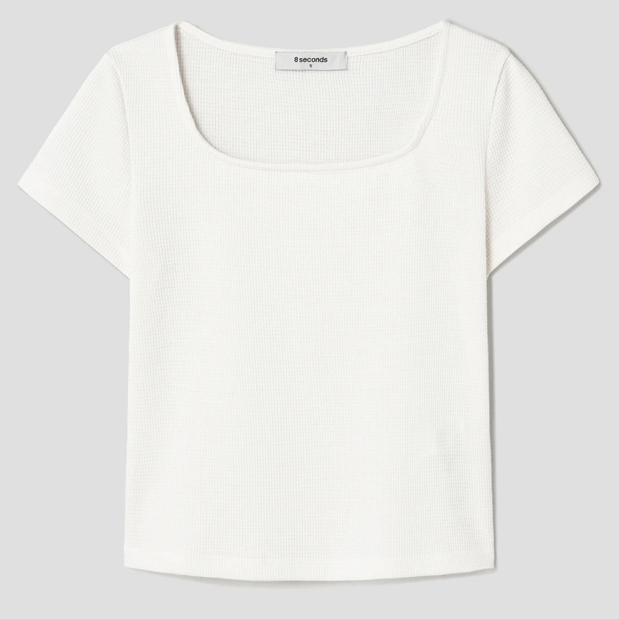 8 seconds Waffle Solid Square Neck T-shirt — Ivory