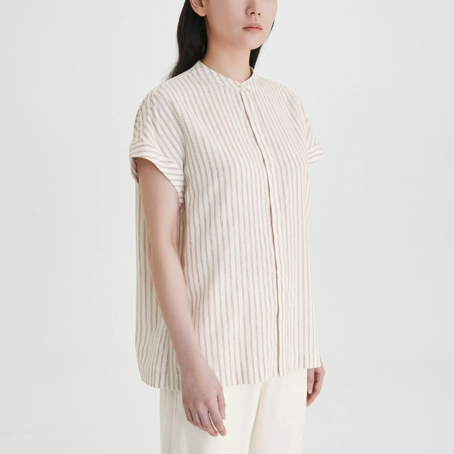 JAJU Linen Blended Cap Sleeve Shirt – Light Brown