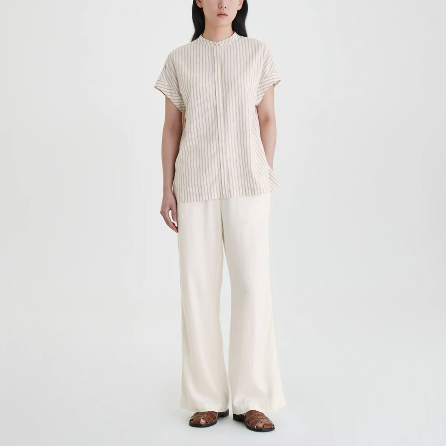 JAJU Linen Blended Cap Sleeve Shirt – Light Brown