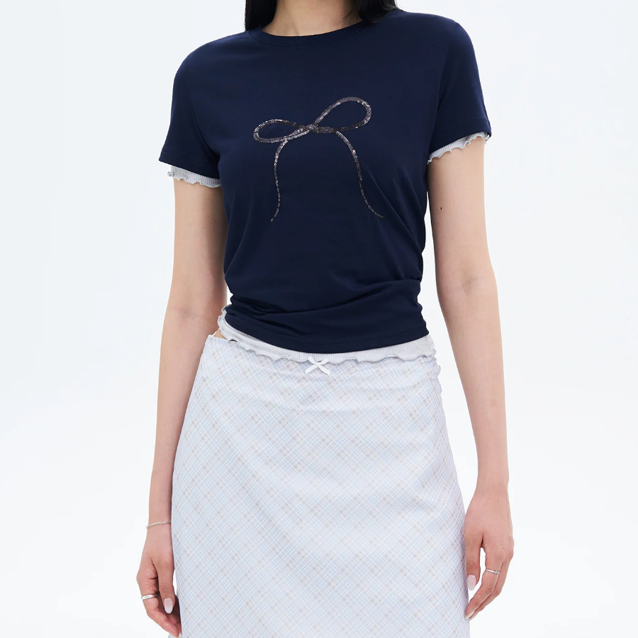8 seconds Sequin Ribbon Short-sleeve T-shirt — Navy