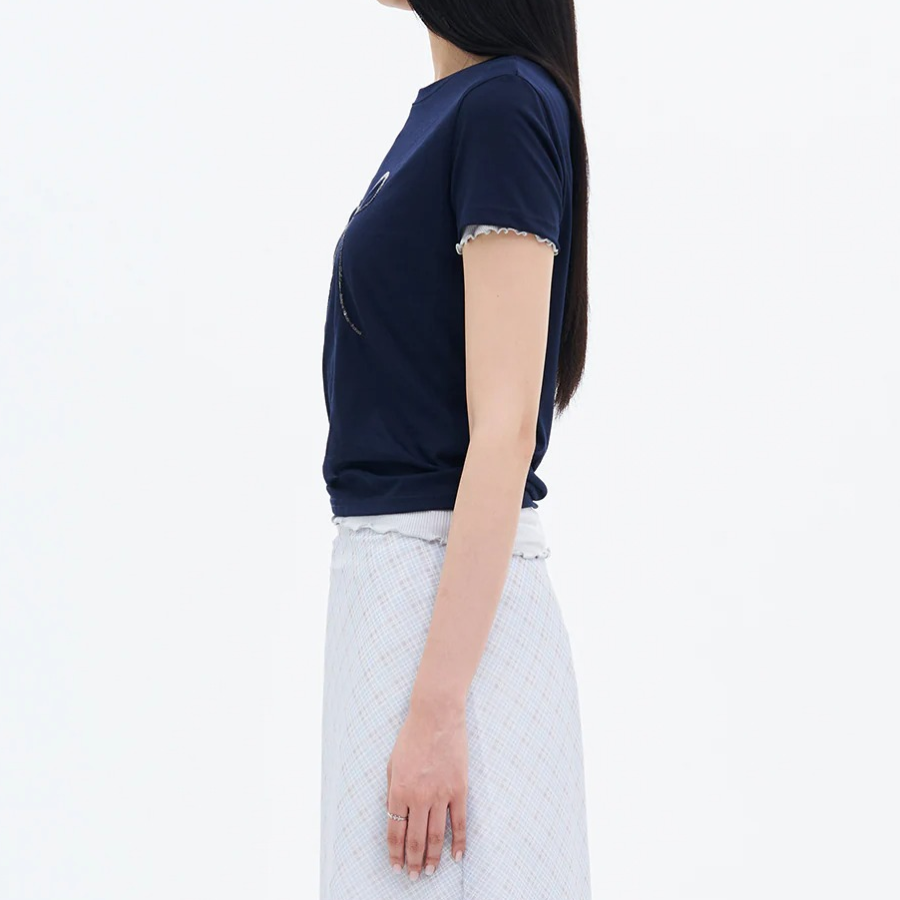 8 seconds Sequin Ribbon Short-sleeve T-shirt — Navy