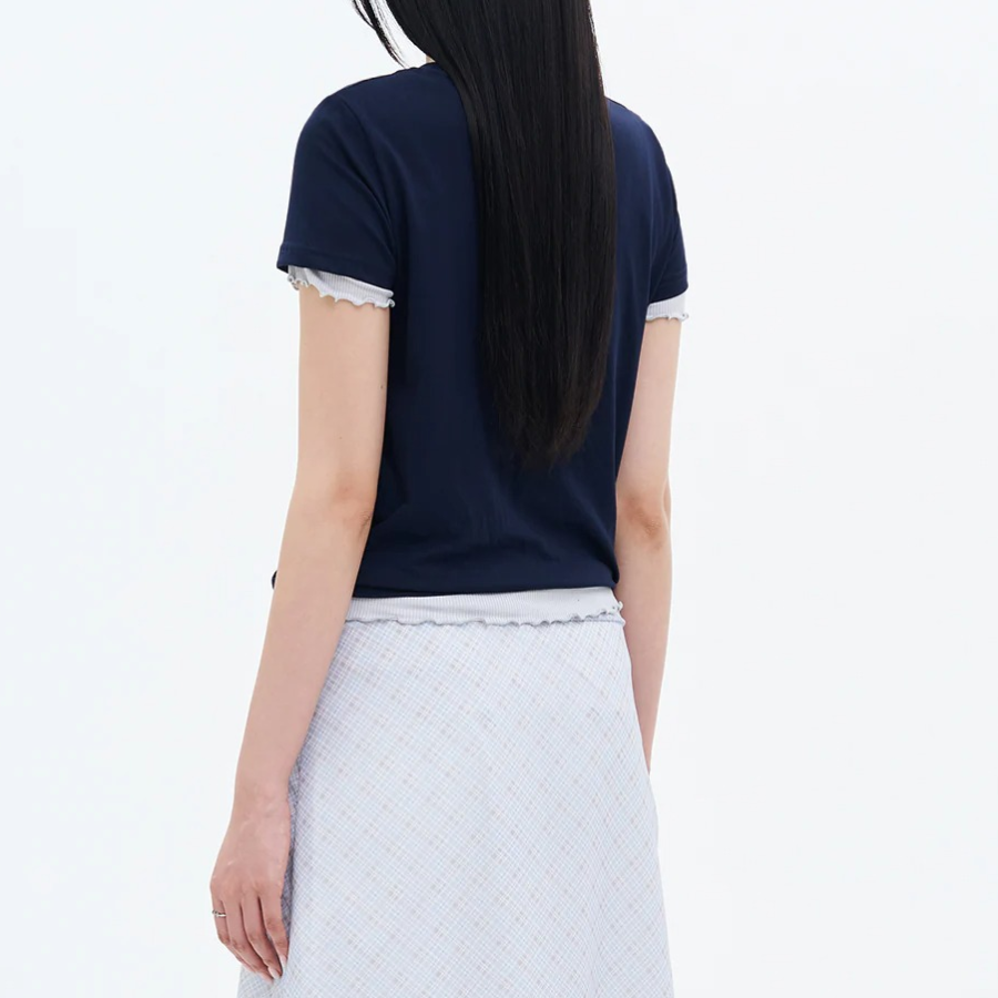 8 seconds Sequin Ribbon Short-sleeve T-shirt — Navy