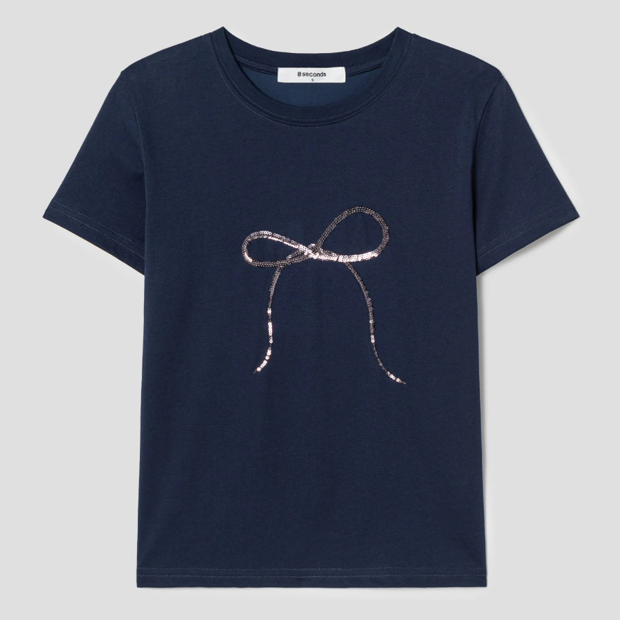 8 seconds Sequin Ribbon Short-sleeve T-shirt — Navy
