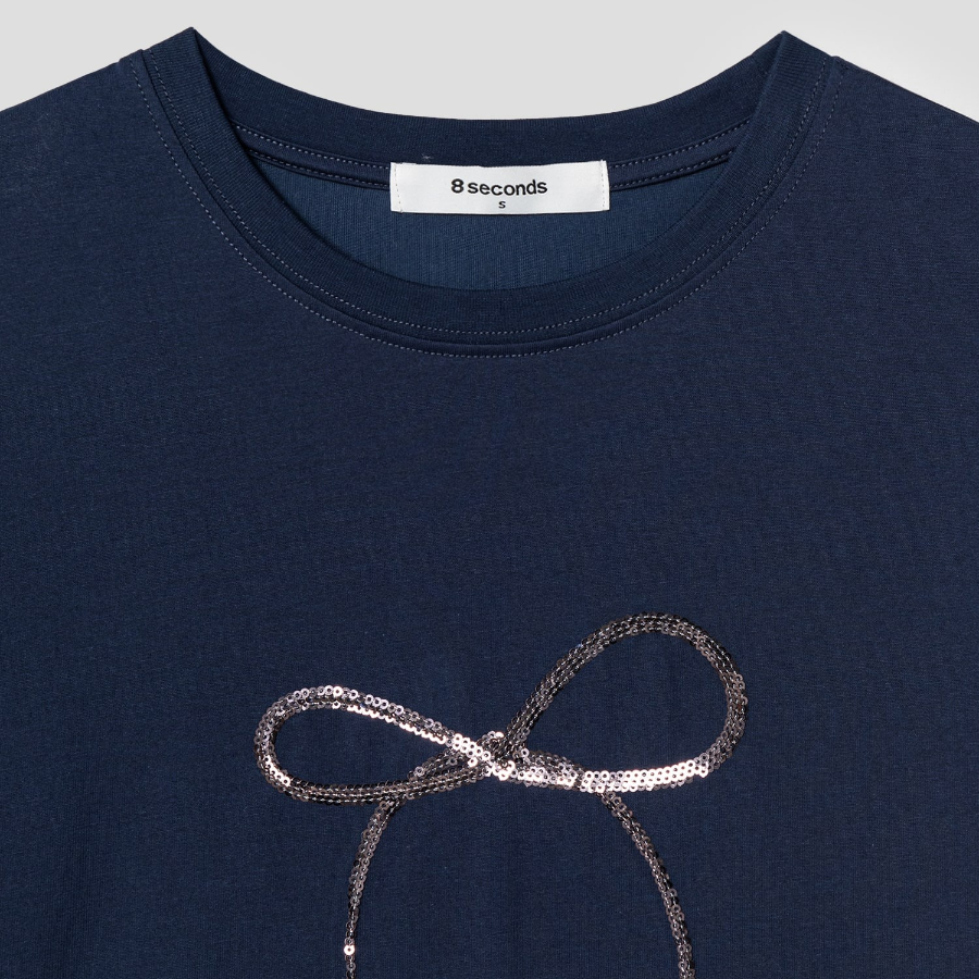 8 seconds Sequin Ribbon Short-sleeve T-shirt — Navy