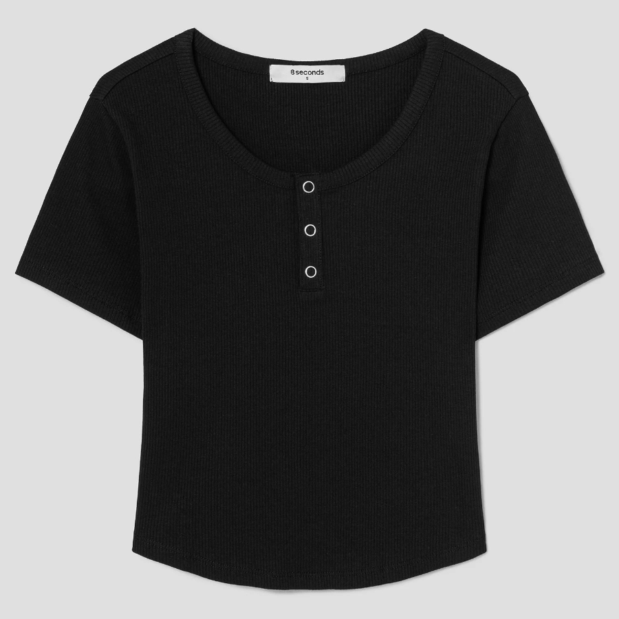 8 seconds U-neck Snap Short-sleeve T-shirt — Black