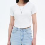 8 seconds U-neck Snap Short-sleeve T-shirt — White