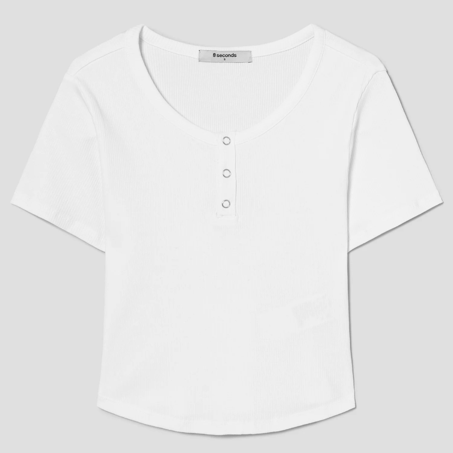 8 seconds U-neck Snap Short-sleeve T-shirt — White