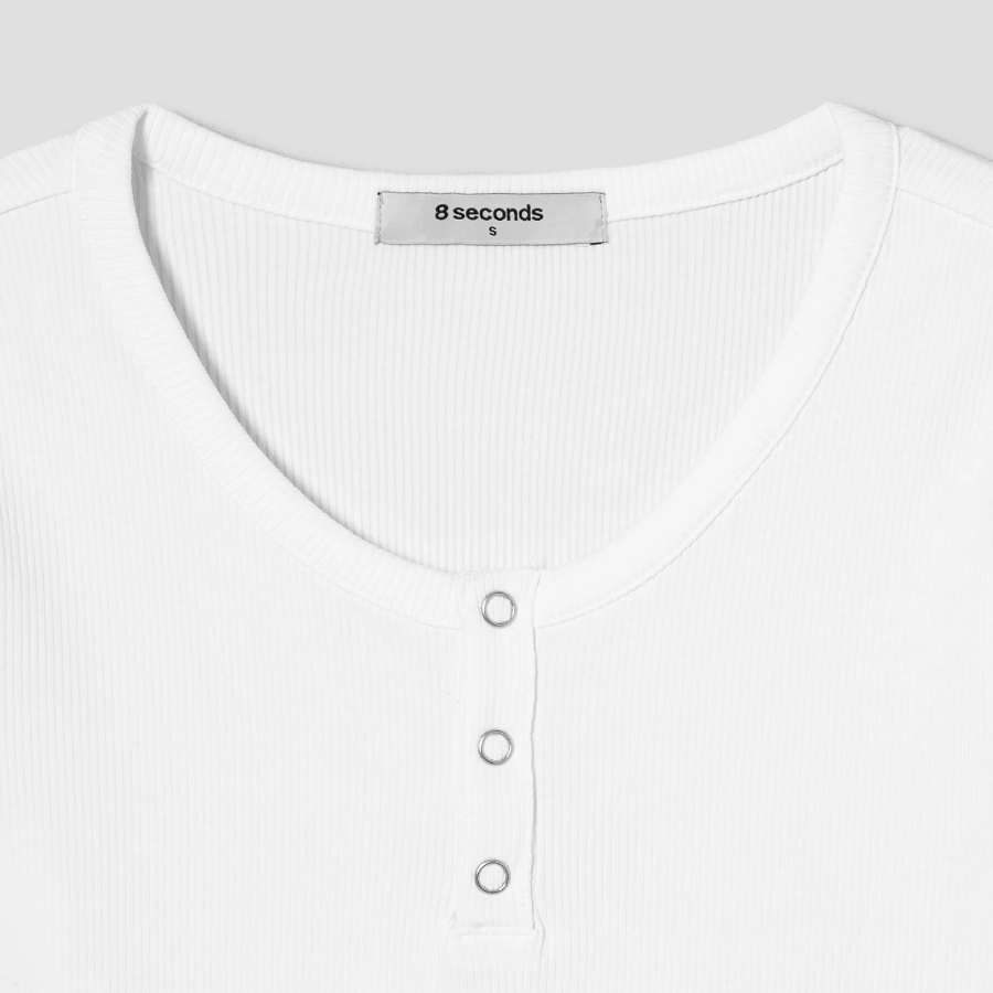 8 seconds U-neck Snap Short-sleeve T-shirt — White