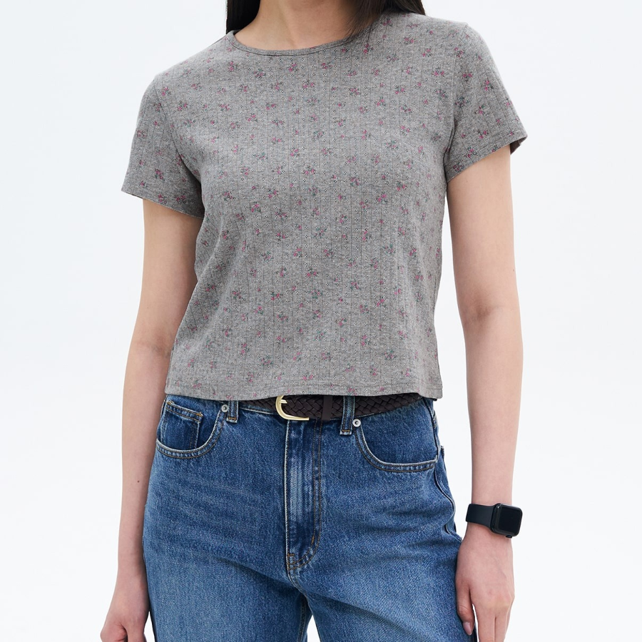 8 seconds Pointelle Graphic Short-sleeve T-shirt — Grey