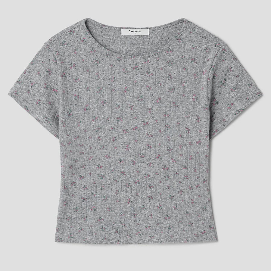 8 seconds Pointelle Graphic Short-sleeve T-shirt — Grey