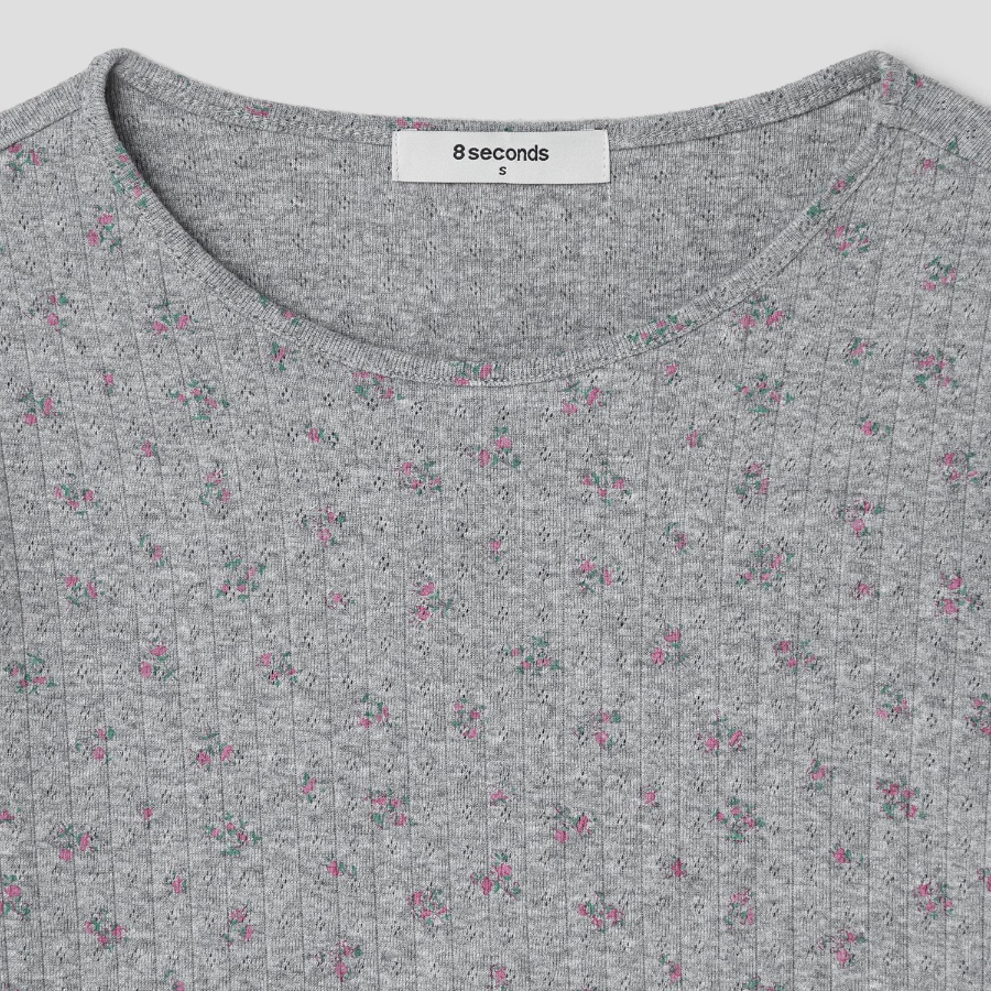 8 seconds Pointelle Graphic Short-sleeve T-shirt — Grey