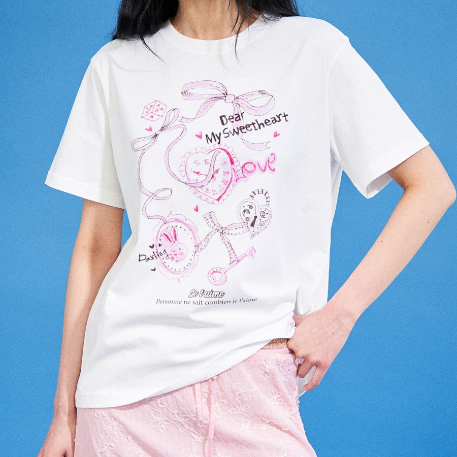 8 seconds Heart Printed Boxy Short-sleeve T-shirt — White