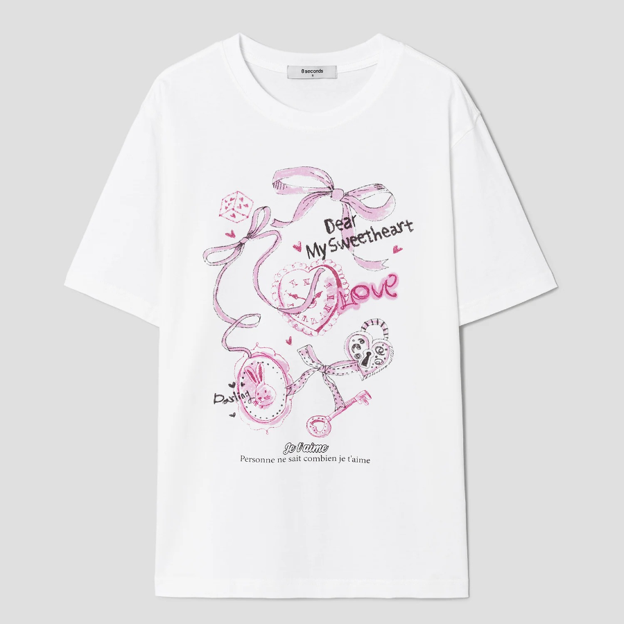 8 seconds Heart Printed Boxy Short-sleeve T-shirt — White