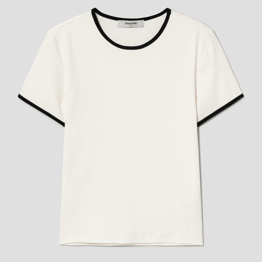 8 seconds Ribbed Contrast-trim T-shirt — Ivory