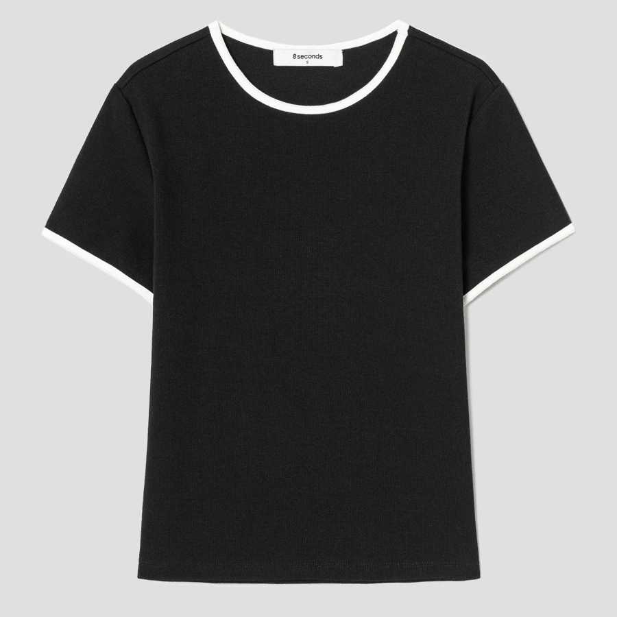 8 seconds Ribbed Contrast-trim T-shirt — Black