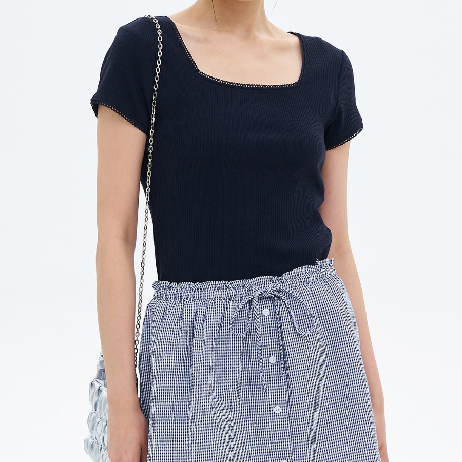 8 seconds Lace Trim Short-sleeve T-shirt — Navy