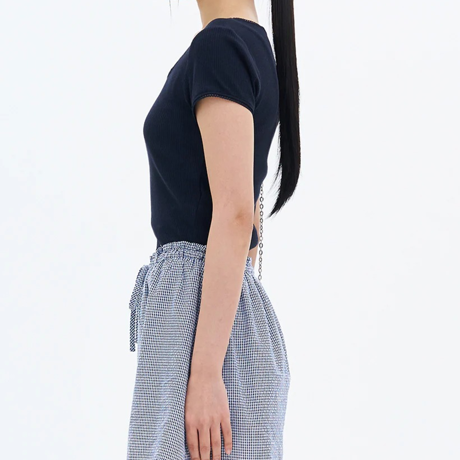 8 seconds Lace Trim Short-sleeve T-shirt — Navy