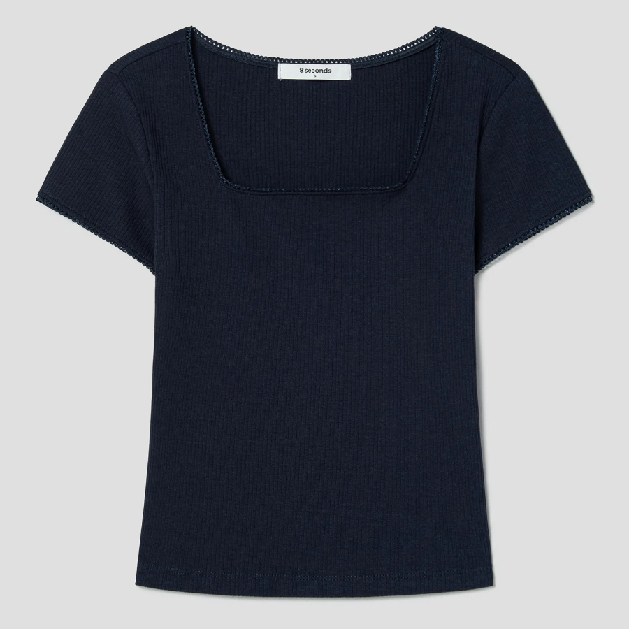 8 seconds Lace Trim Short-sleeve T-shirt — Navy