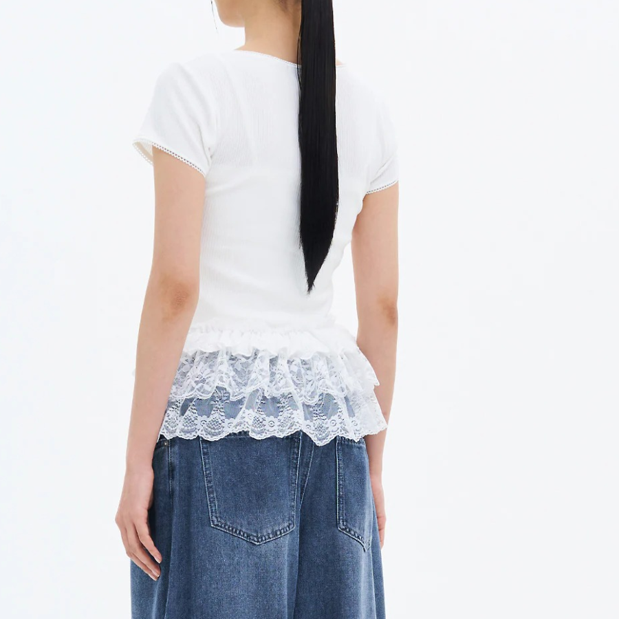 8 seconds Lace Trim Short-sleeve T-shirt — White