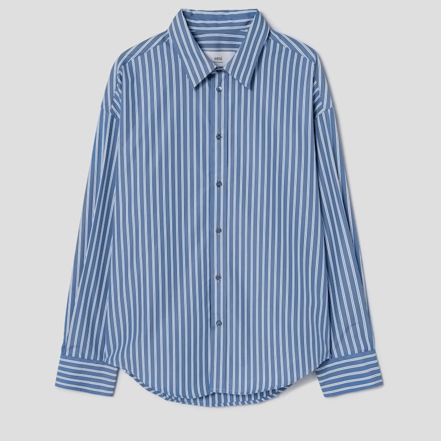 ami Ami Label Striped Boxy Shirt – Navy