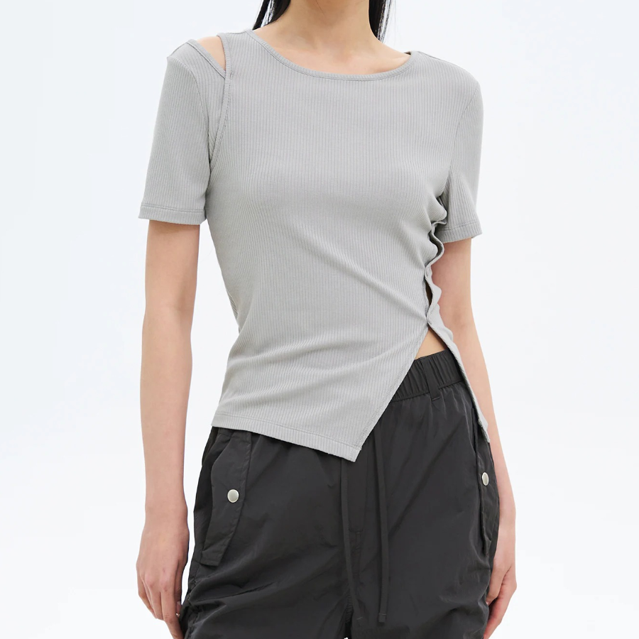 8 seconds Ribbed Panel T-shirt – Light Grey