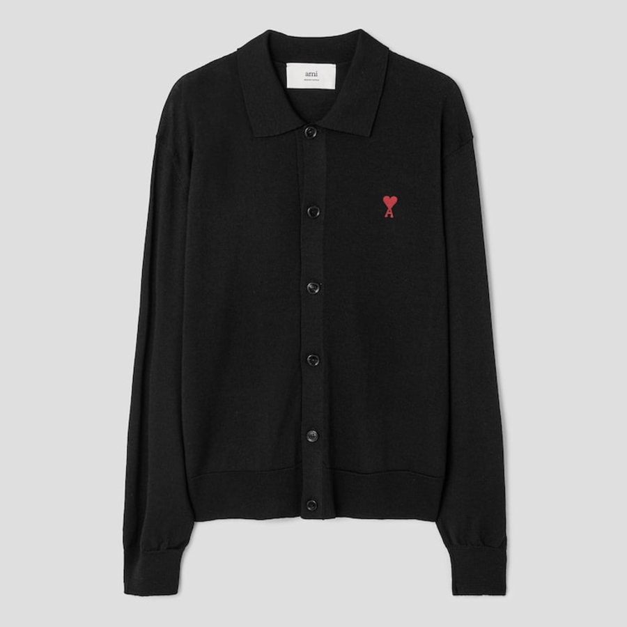 ami Red Adc Polo Cardigan – Wool Gabardine Black