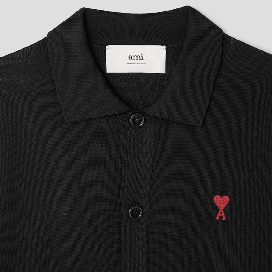 ami Red Adc Polo Cardigan – Wool Gabardine Black