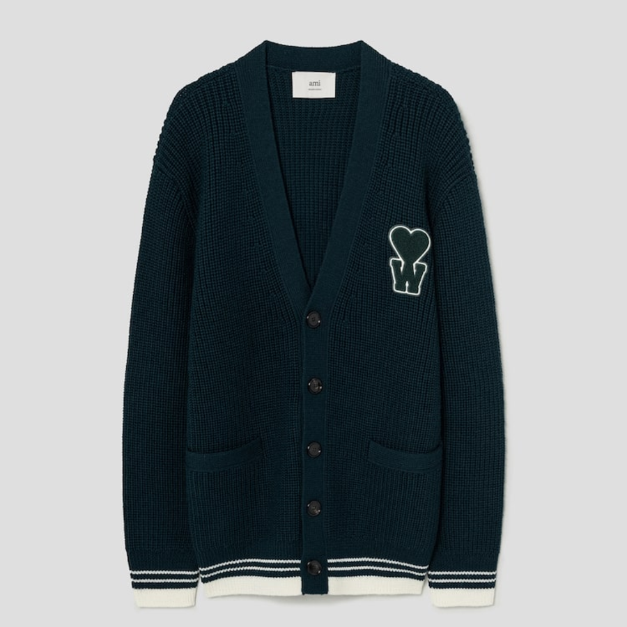 ami (Unisex) Ws Ribbed Cardigan – Vert/Ecru