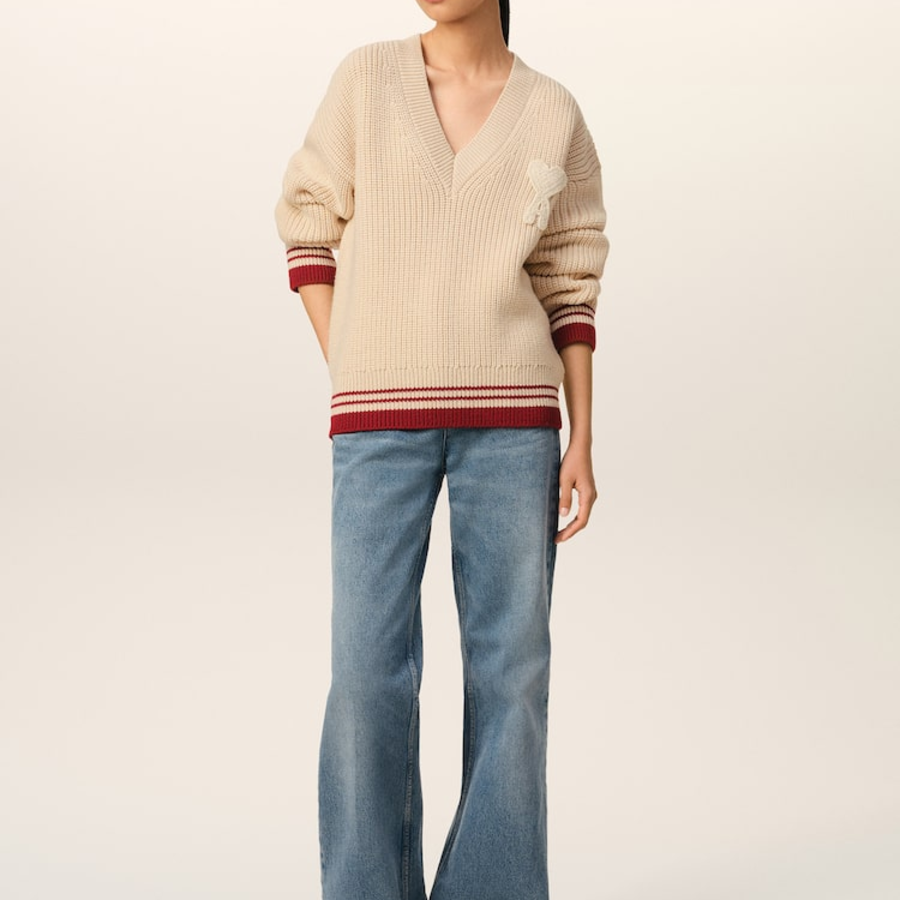 ami Adc Croche Ribbed V Neck Sweater – Cream