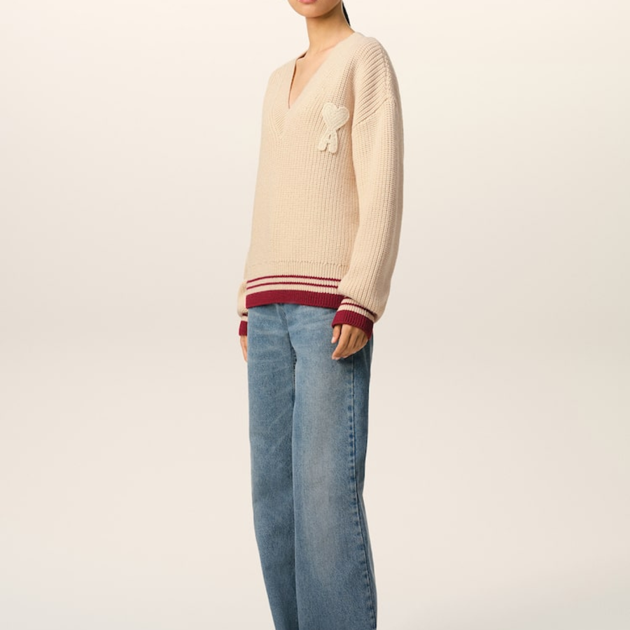 ami Adc Croche Ribbed V Neck Sweater – Cream