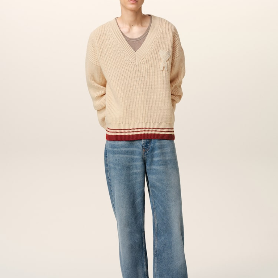 ami Adc Croche Ribbed V Neck Sweater – Cream