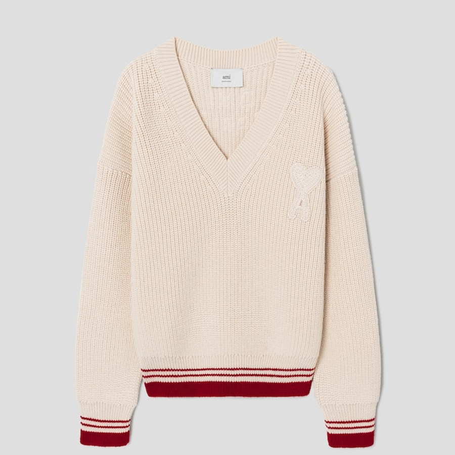 ami Adc Croche Ribbed V Neck Sweater – Cream