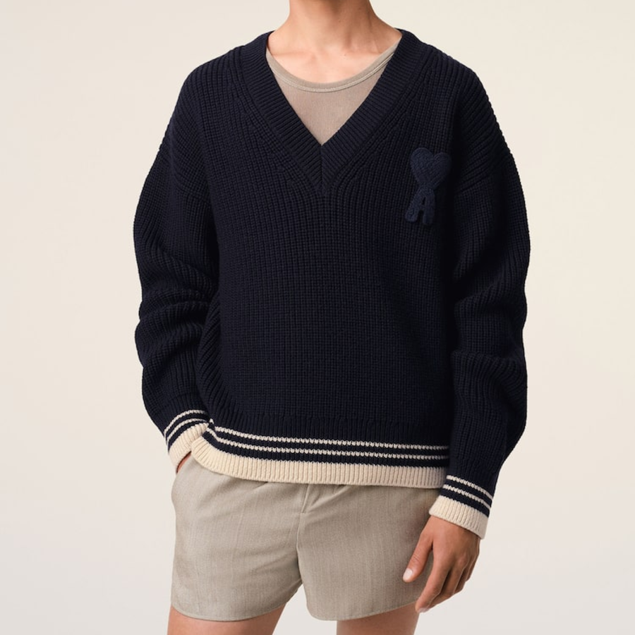 ami (Unisex) Adc Croche Ribbed V Neck Sweater – Navy Blue
