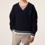 ami (Unisex) Adc Croche Ribbed V Neck Sweater – Navy Blue