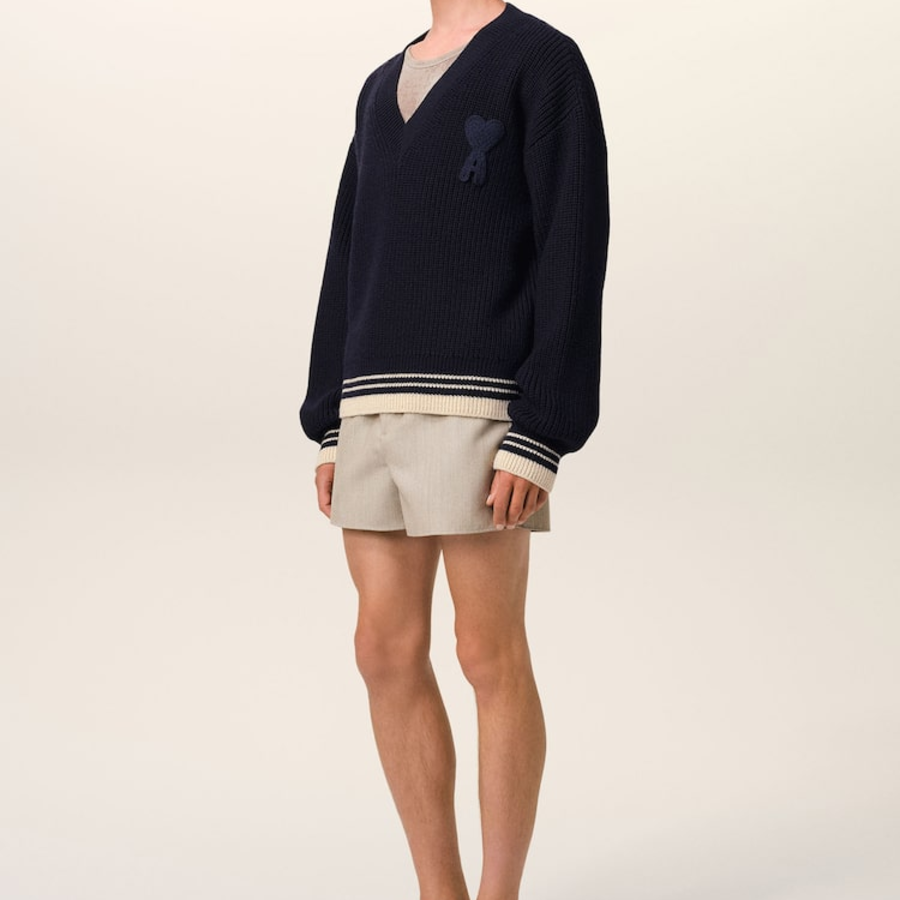 ami (Unisex) Adc Croche Ribbed V Neck Sweater – Navy Blue
