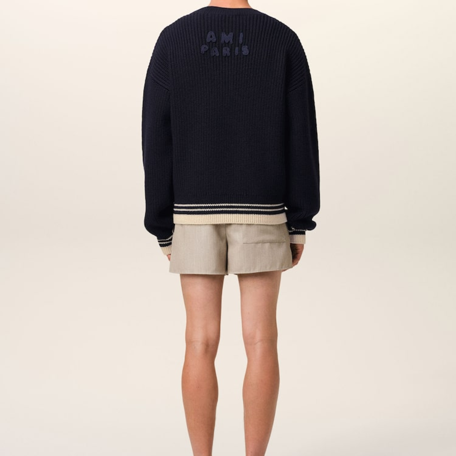 ami (Unisex) Adc Croche Ribbed V Neck Sweater – Navy Blue