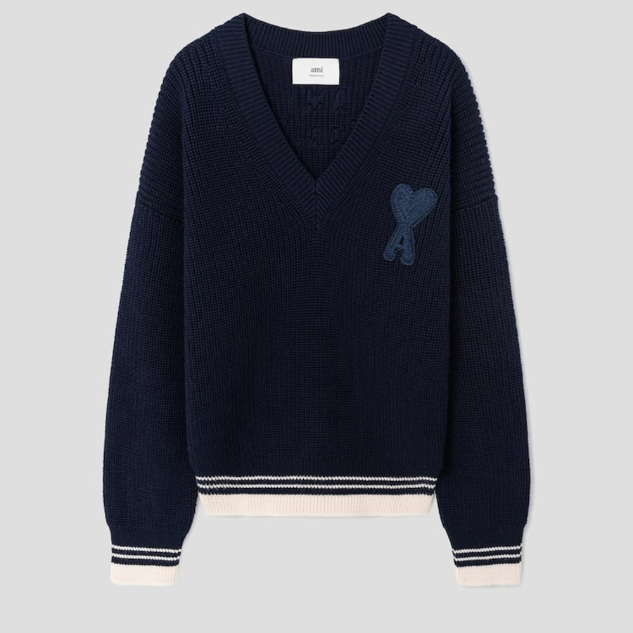 ami (Unisex) Adc Croche Ribbed V Neck Sweater – Navy Blue