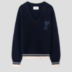 ami (Unisex) Adc Croche Ribbed V Neck Sweater – Navy Blue