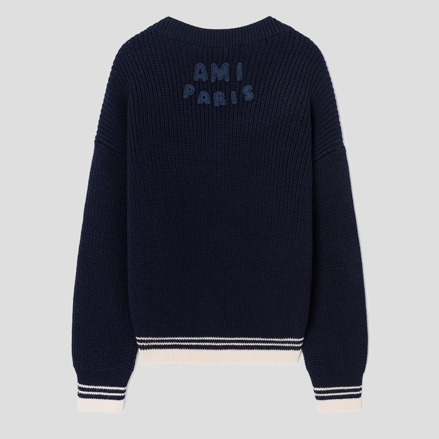 ami (Unisex) Adc Croche Ribbed V Neck Sweater – Navy Blue