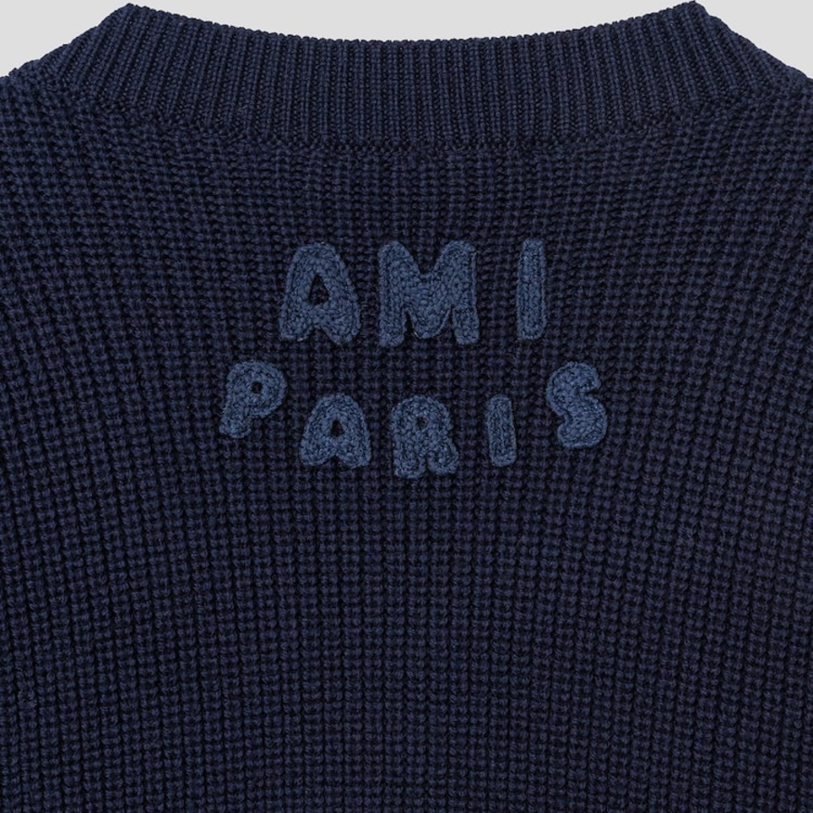 ami (Unisex) Adc Croche Ribbed V Neck Sweater – Navy Blue