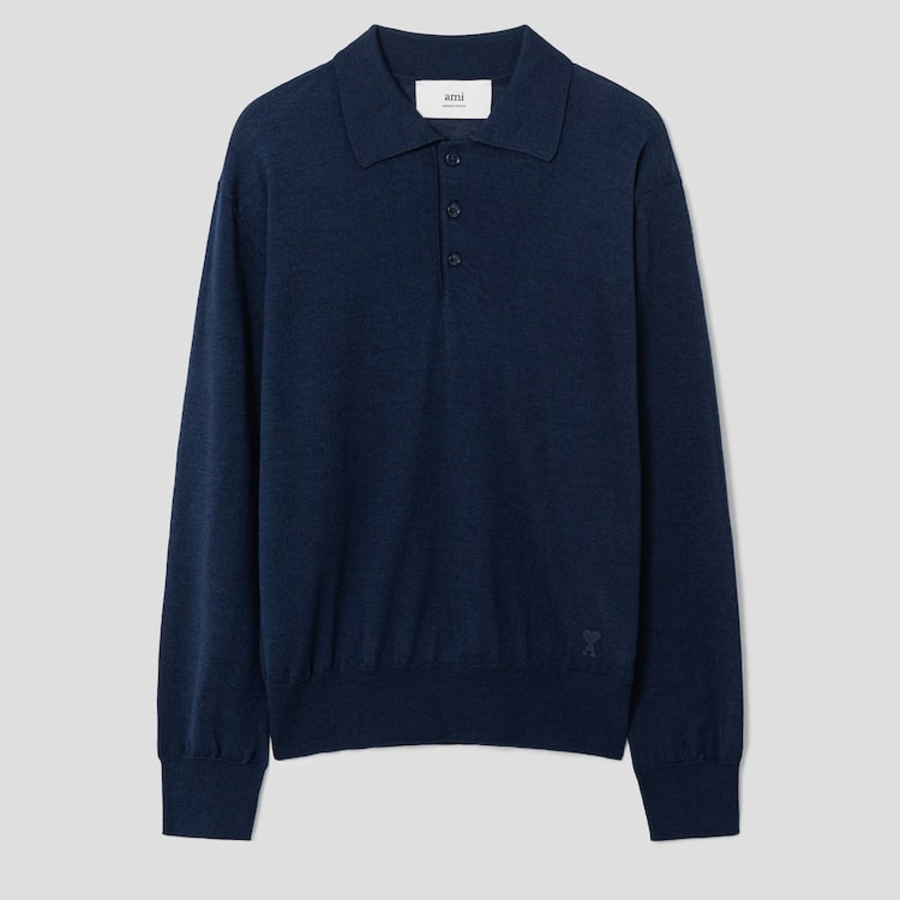 ami Tonal Adc Wool Silk Polo – Navy Blue