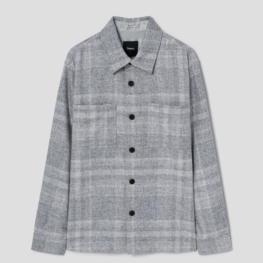 Theory Men Shaded Plaid Overshirt Jacket - Light Grey Melange