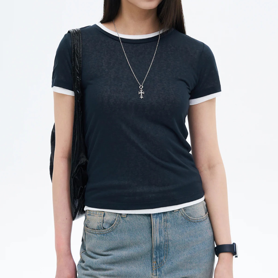 8 seconds Layered Sheer Short Sleeve T-Shirt — Navy