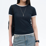 8 seconds Layered Sheer Short Sleeve T-Shirt — Navy